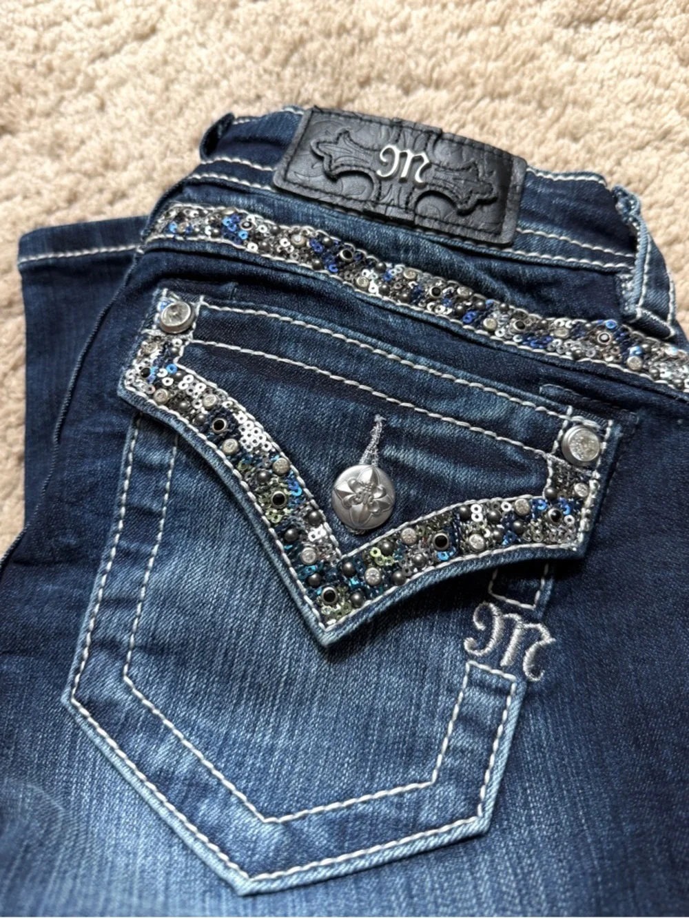 Womens Miss Me Jeans Size 25 Mid Rise Straight Rhinestone Y2K Sequins Blue Denim - Picture 6 of 9
